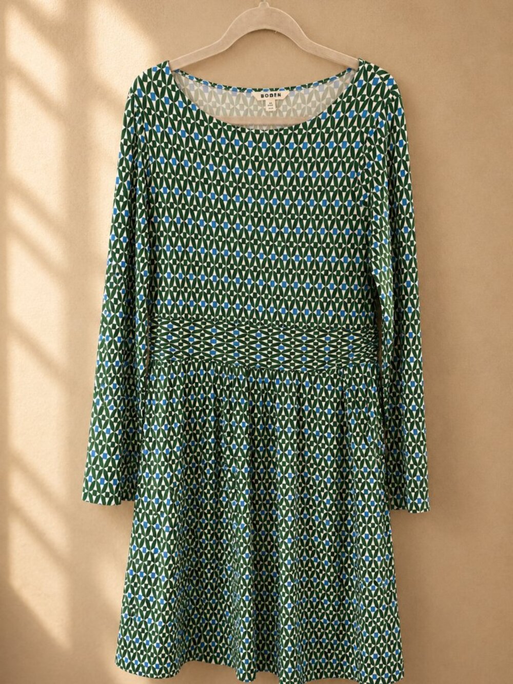 Boden Amelie Long Sleeve Jersey Dress 10R Green Pine Diamond Trellis Pockets - Picture 2 of 6